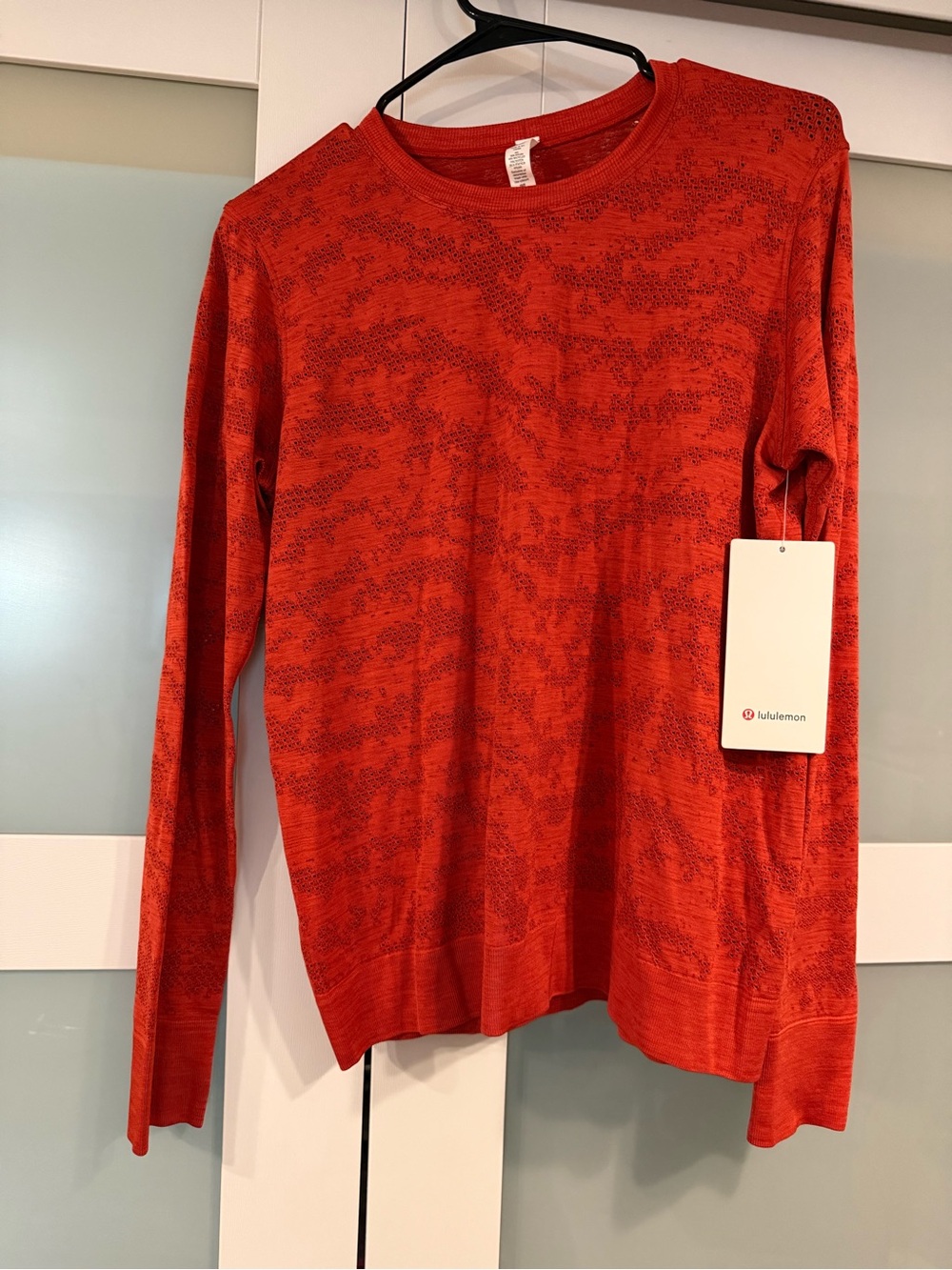 Lululemon Swiftly Breathable Long Sleeve Perforated Camo in Red/Rust Orange